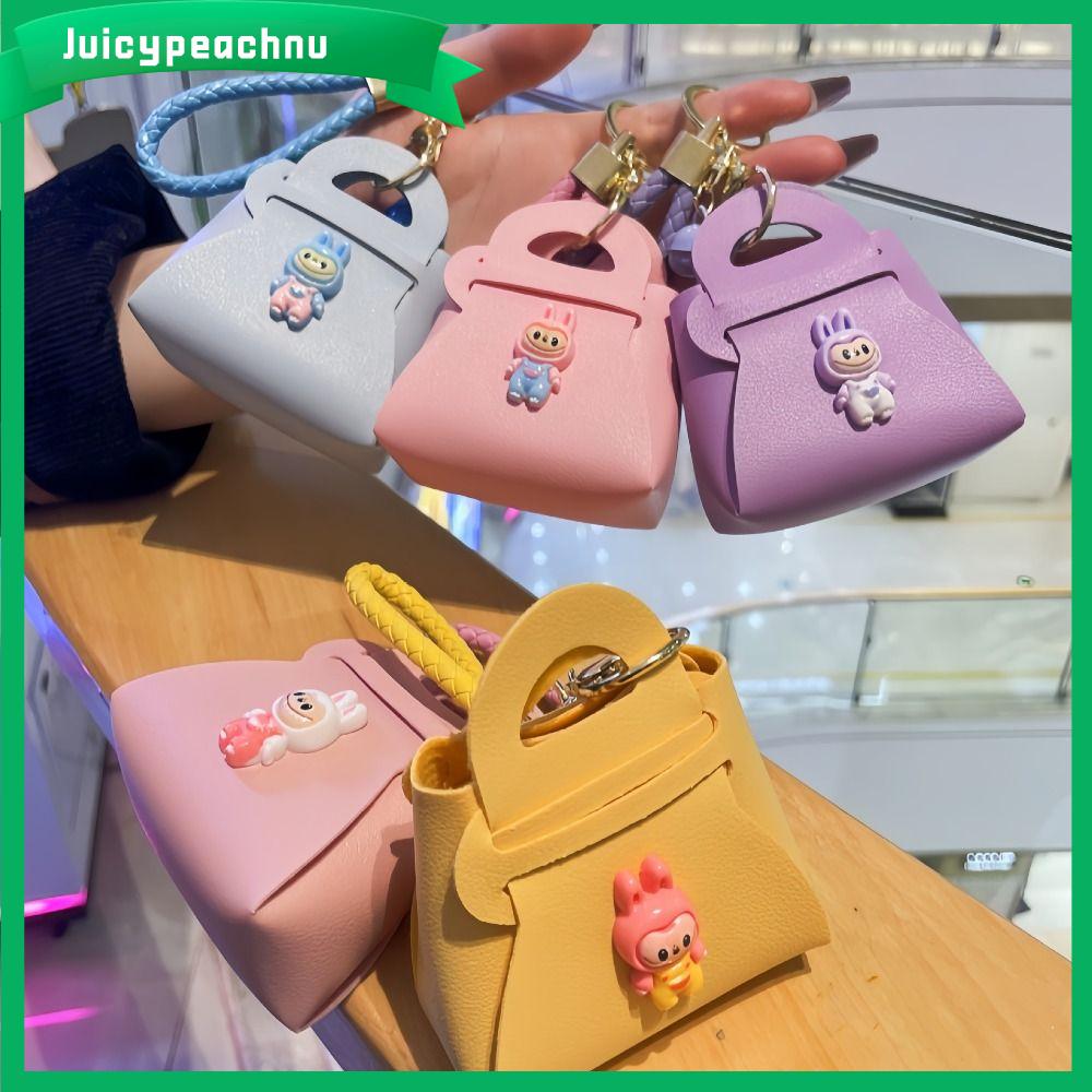 JUICYPEACHNU Dây bện dây chuyền móc khóa Màu trơn Da PU Charm túi Dễ thương Labubu hoạt hình Túi đựng chìa khóa tai nghe
