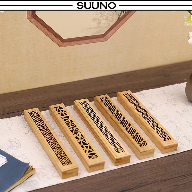 Bamboo Wooden Incense Stick Holder Burning Joss Insence Box Burner Ash Catcher