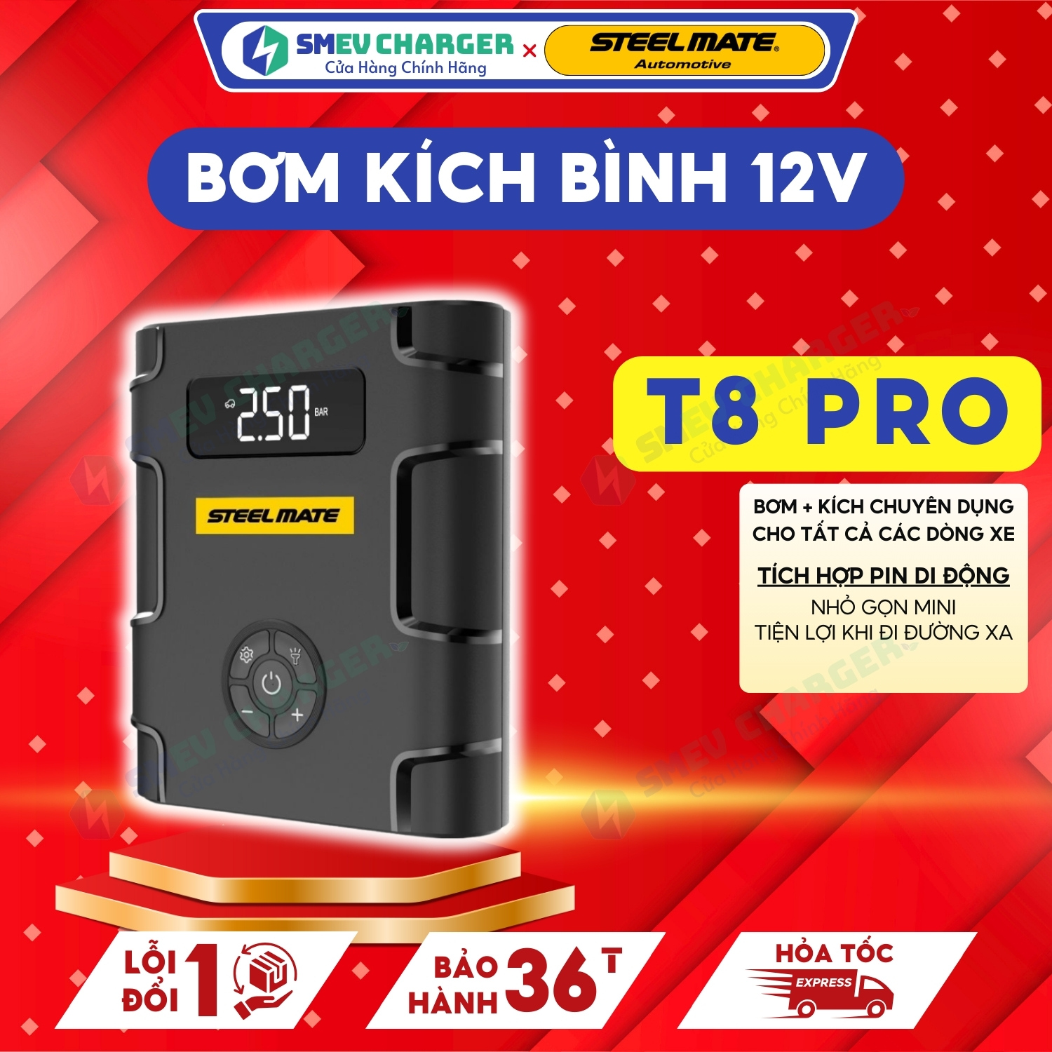 Kích bình ắc quy bơm lốp ô tô xe máy di động tích hợp pin steelmate t8 pro - smev chính hãng