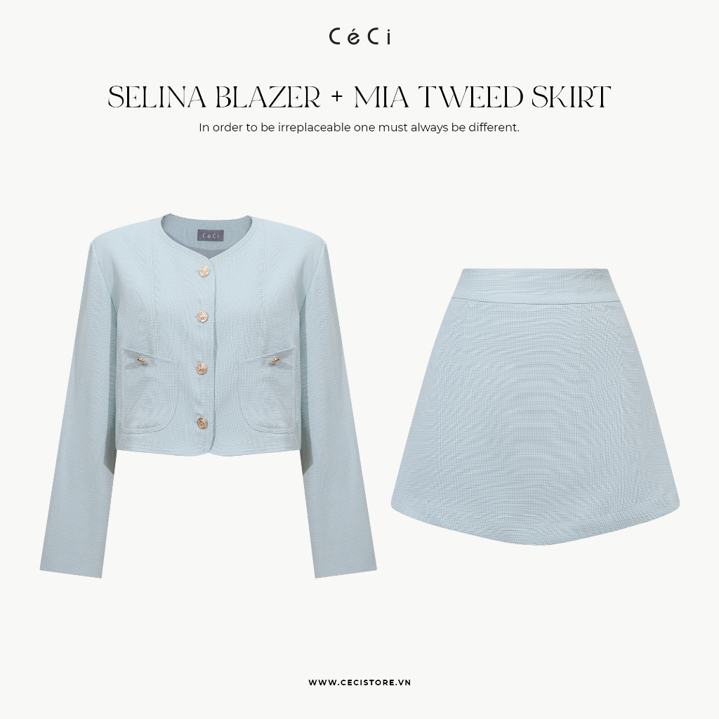 CECI Set blazer croptop màu mint hiện đại chất tweed cao cấp có khuy trang