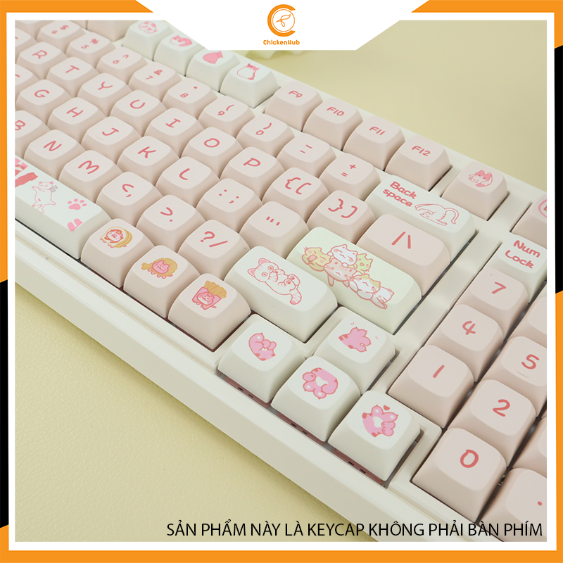 Bộ keycaps 133 phím chủ đề mèo tinh nghịch, nhựa pbt, xda profile, màu trắng hồng