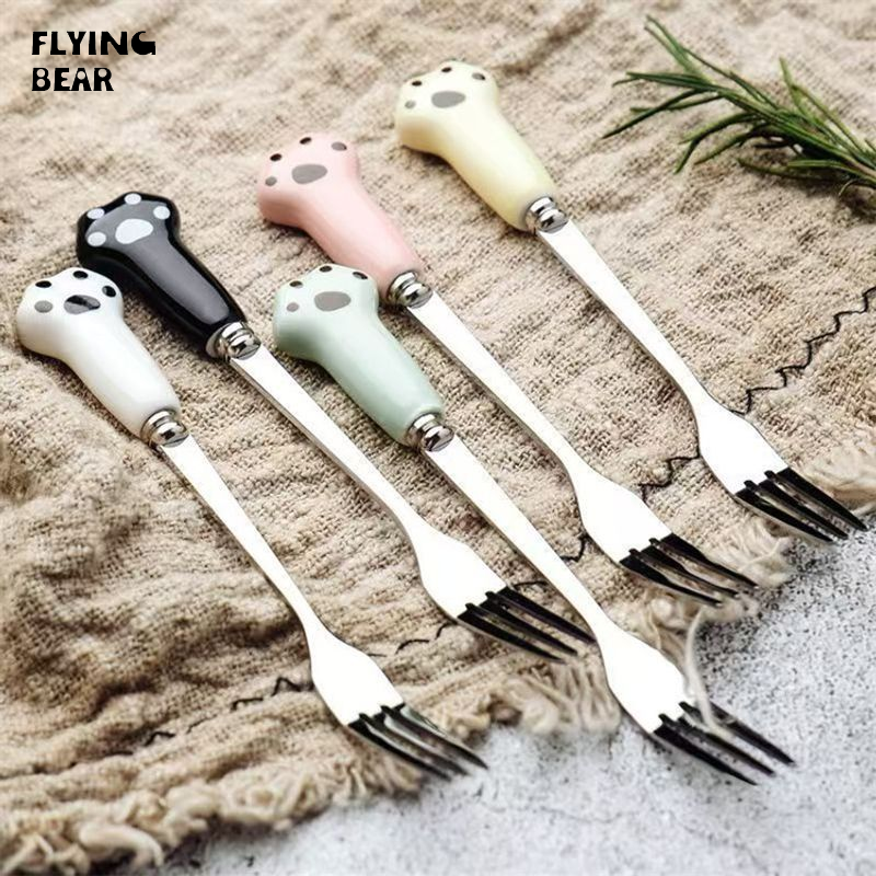 Bay gấu 410 muỗng thép không gỉ Ngã Ba Bộ đồ ăn phù hợp với tay cầm bằng sứ mèo của Paw Muỗng tráng miệng ngã ba hộ gia đình thìa khuấy nĩa ăn trái cây