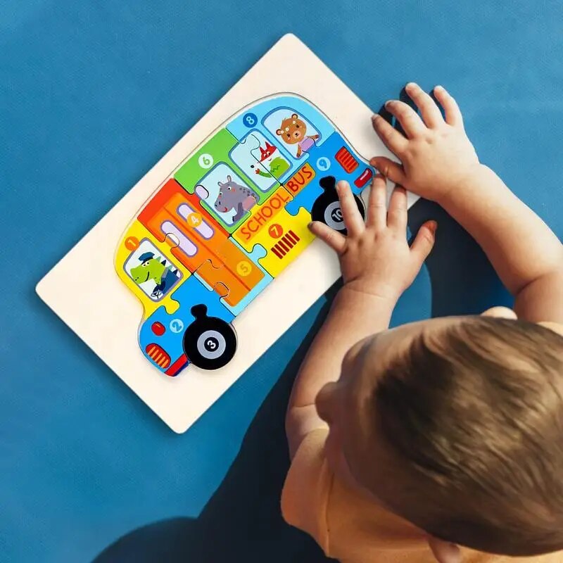 Xe buýt chở học sinh câu đố bằng gỗ 3D câu đố đồ chơi em bé Chốt gỗ Câu Đố Montessori học mầm non đồ chơi cho trẻ em preschoolers