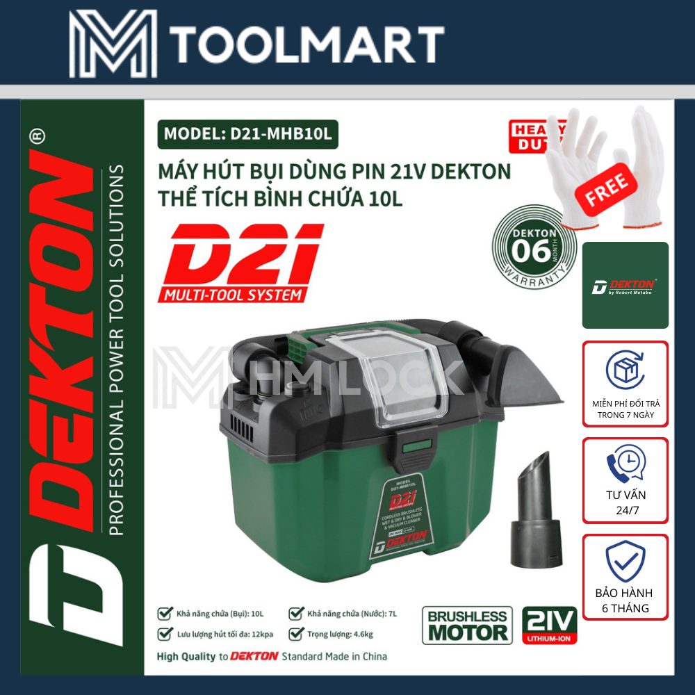 MÁY HÚT, THỔI BỤI DÙNG PIN D21 (HÚT ĐƯỢC NƯỚC) DEKTON - MOTOR KHÔNG CHỔI THAN - HÀNG CHÍNH HÃNG - D21-MHB10L - HM LOCK