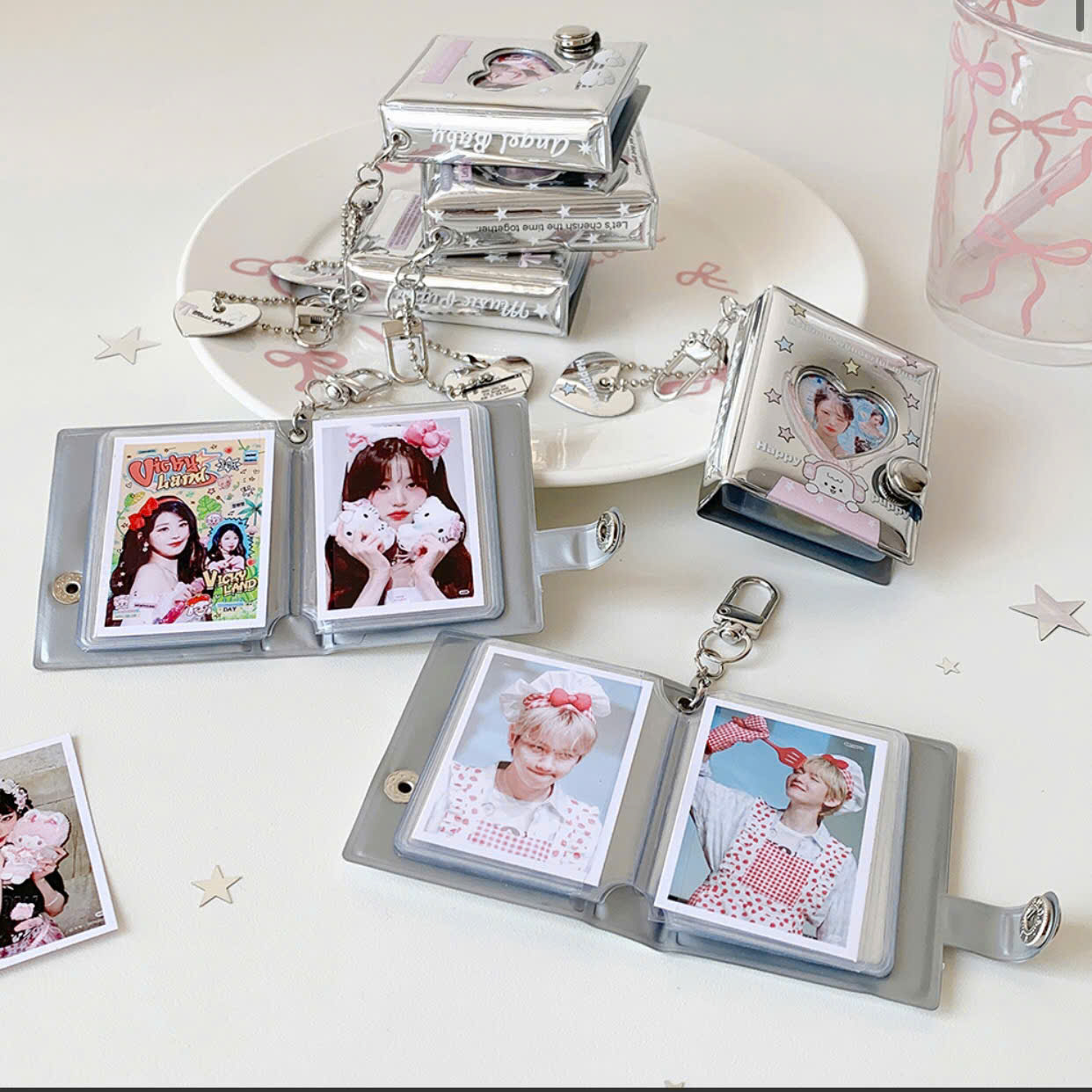 Móc Khóa Album Ảnh Mini Đựng Photocard Kpop Vỏ Bạc Ánh Kim - Binder Mini Đựng Ảnh Lomo Có Lỗ Trái Tim Cute