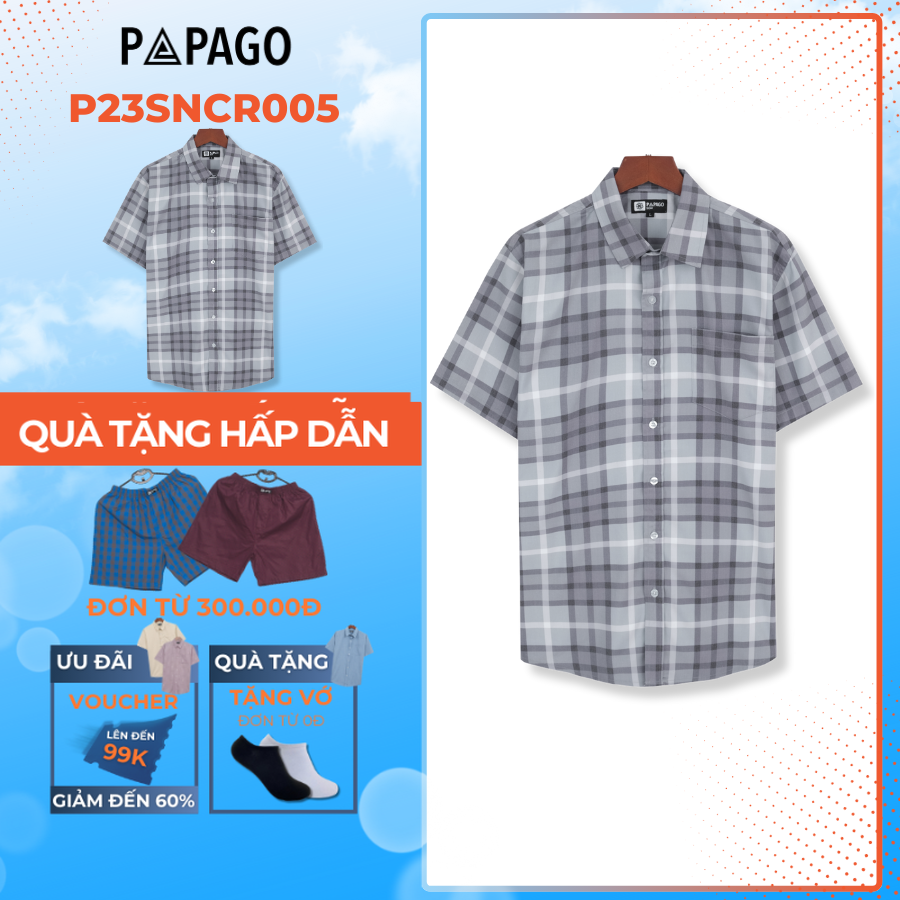 Áo sơ mi nam Trung niên ngắn tay PAPAGO màu xám sọc caro cao cấp form rộng thoải mái chất vải mềm má
