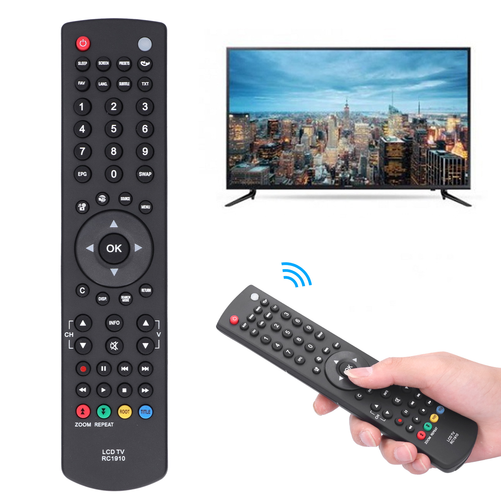 TV LCD thay thế phổ biến điều khiển từ xa rc1910 màu đen để dễ dàng truy cập để tất cả các nút khoảng cách lên đến 10m