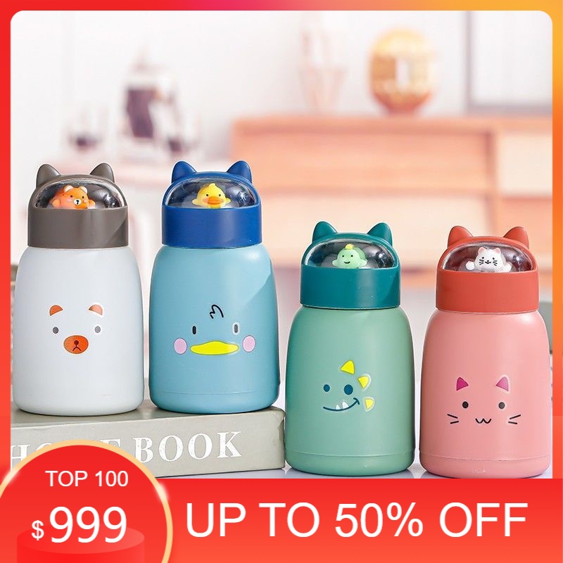 Bình nước ameera đầu búp bê 330ml - bình thủy tinh nắp thú dễ thương, lõi thủy tinh bọc nhựa