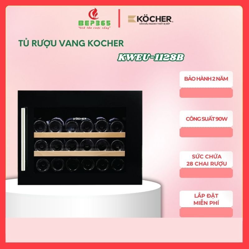 Tủ Bảo Quản Rượu Kocher KWEU-1128B – Sức Chứa 28 Chai – Máy Nén Khí Nén – Cửa Kính 3 Lớp Chống UV