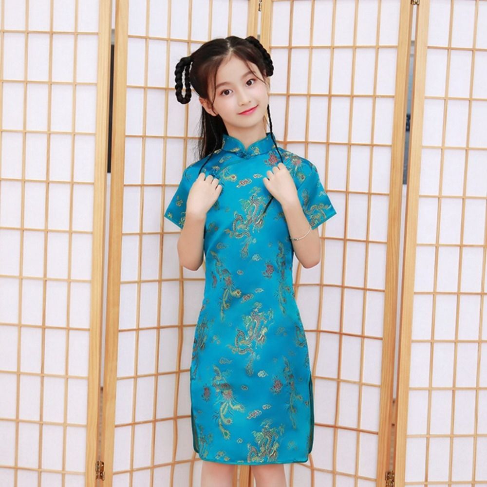 ZM6J3J Tinh tế Hoài cổ Cổ điển Thiết kế thích hợp Họa Tiết Rồng Phượng Hoàng Lụa Thoải mái Mùa hè Váy bé gái Sườn xám bé gái Váy qipao truyền thống cho trẻ em Đầm phong cách Trung Quốc - 3