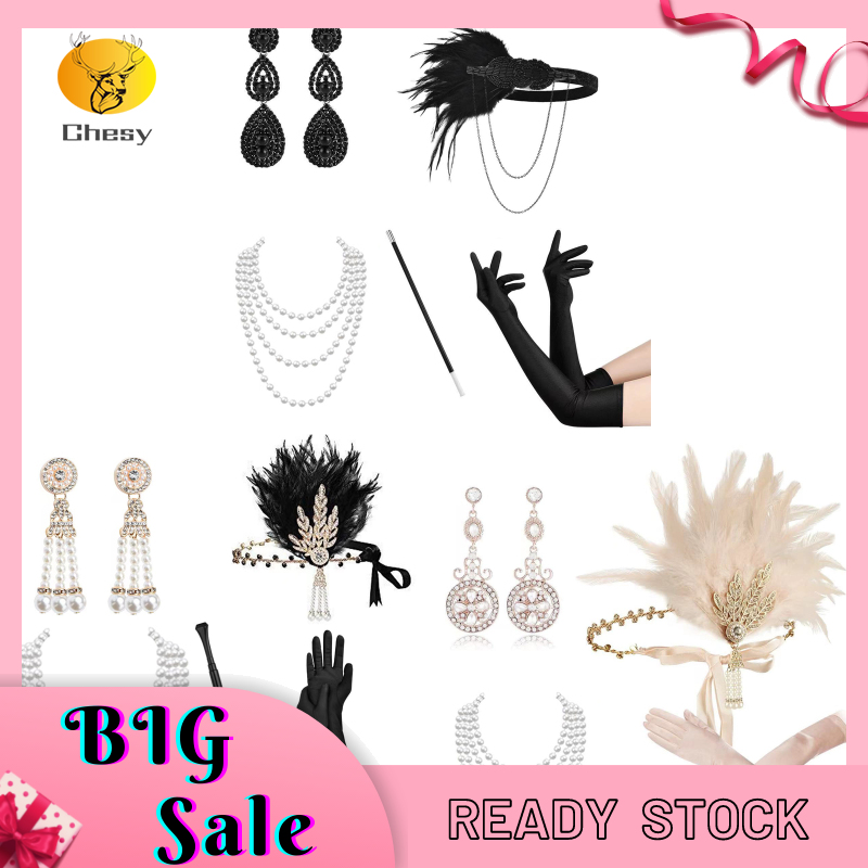 1920s Flapper Headpiece Costume Set Headband With Feather Earrings Gloves