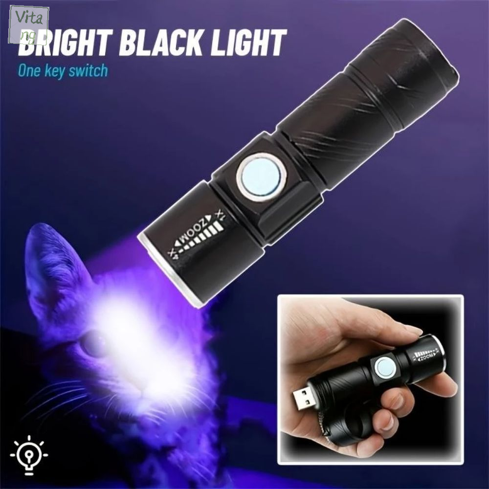 VITANG UV 395NM Đèn pin UV di động Nhẹ USB có thể sạc lại Đèn pin tia cực tím Ánh sáng tím mini Đèn chiếu sáng phát hiện Dành cho thú cưng