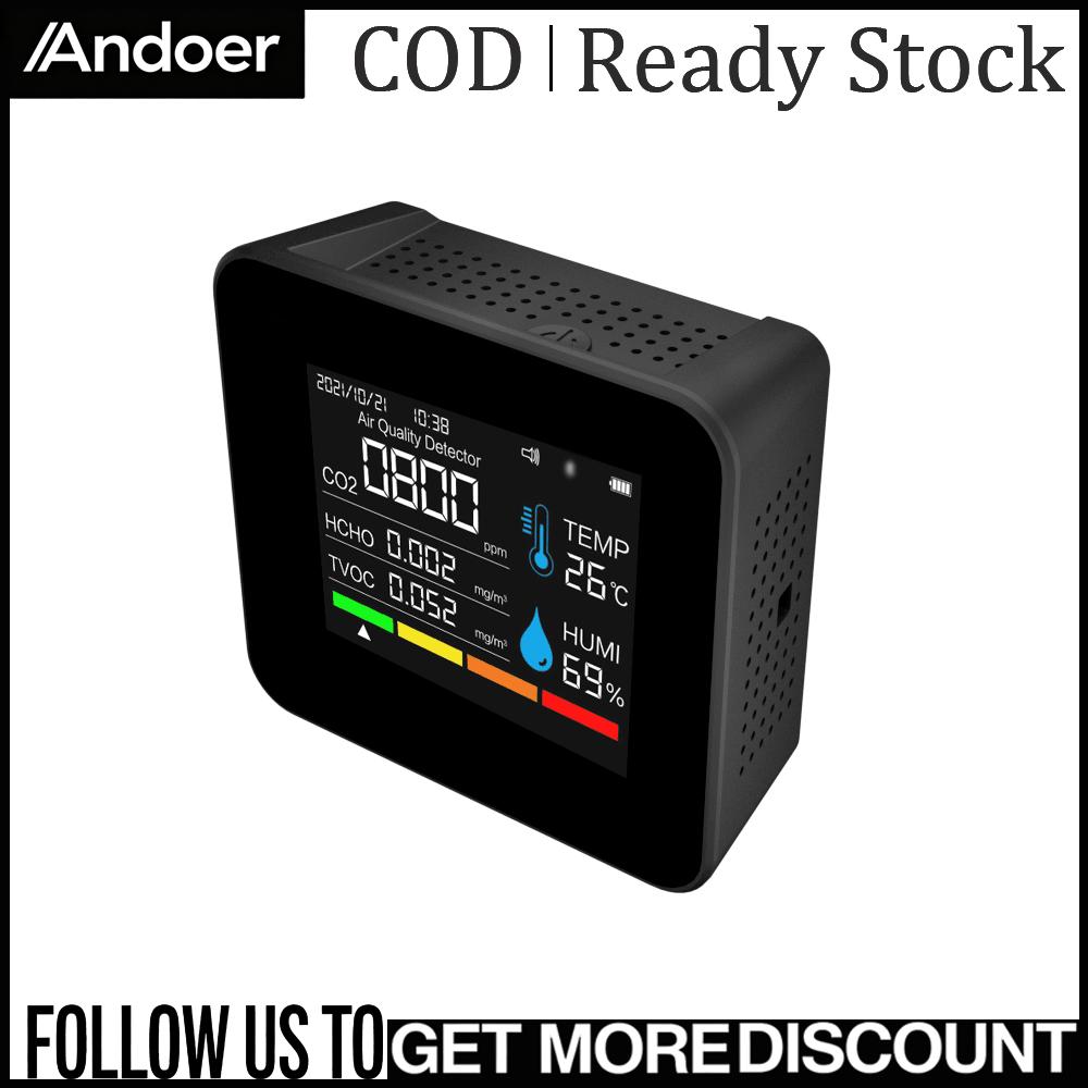 Andoer 9 in 1 BT Air คุณภาพ Monitor CO2 เมตรเครื่องตรวจจับคาร์บอนไดออกไซด์เวลา/วันที่ CO2 TVOC HCHO PM2.5 PM1.0 PM10 อุณหภูมิความชื้นการตรวจจับสนับสนุนการควบคุม APP พร้อมฟังก์ชั่นปลุกสำหรับรถบ้านสำนักงาน ราคา 1,418 บาท*ส่งฟรี