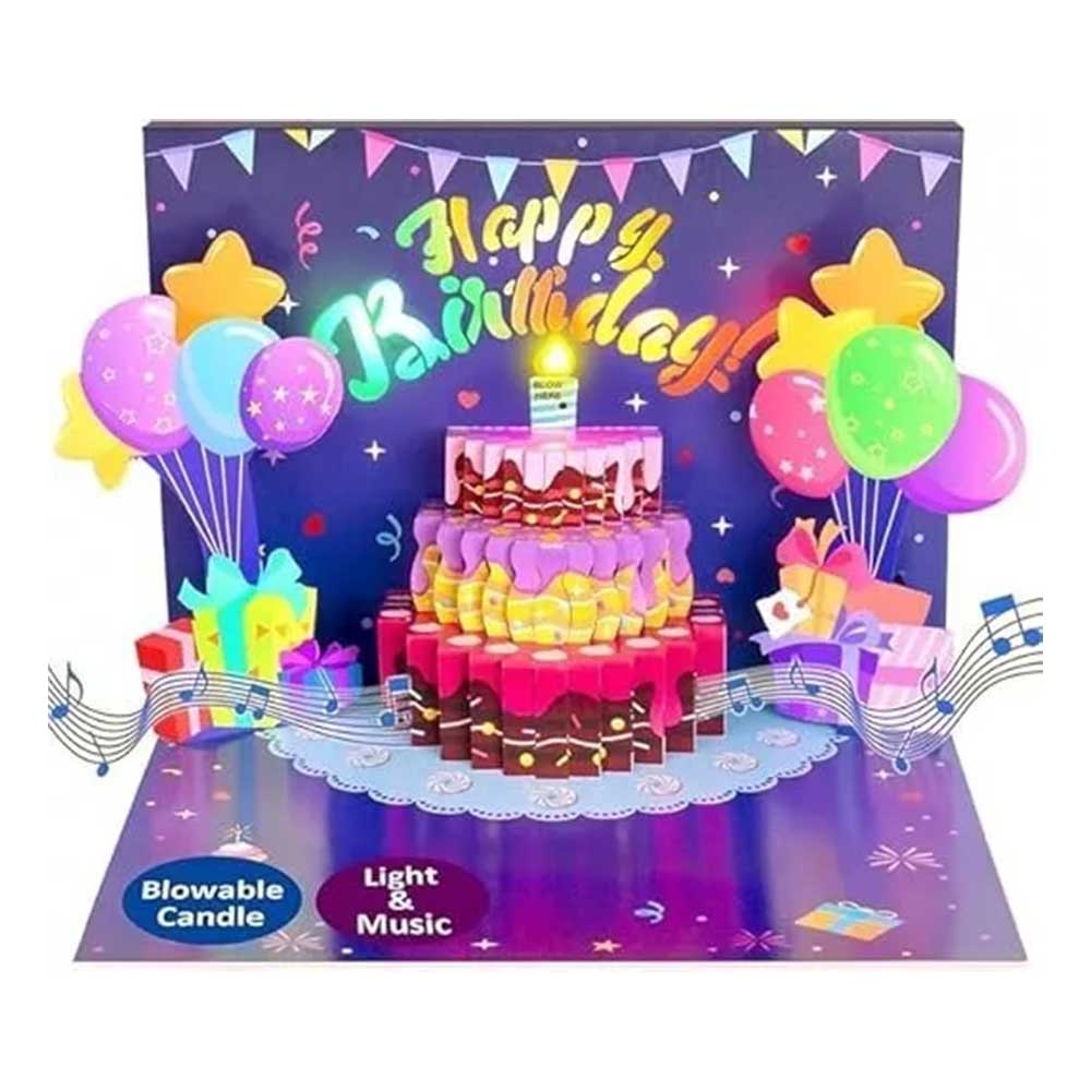 Happy Birthday Cards 3D Musical Pop Up w Lights Blow Out Candle Surprise Gift For All Ages