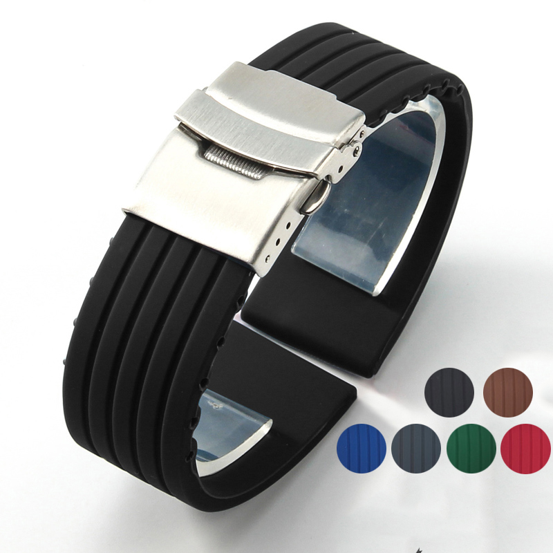 Silicone Rubber Strap 18mm 20mm 22mm 24mm Stainless Steel Folding Buckle Replacement Men Women Sport Waterproof Smart Watch Band ราคา 63 บาท*ส่งฟรี