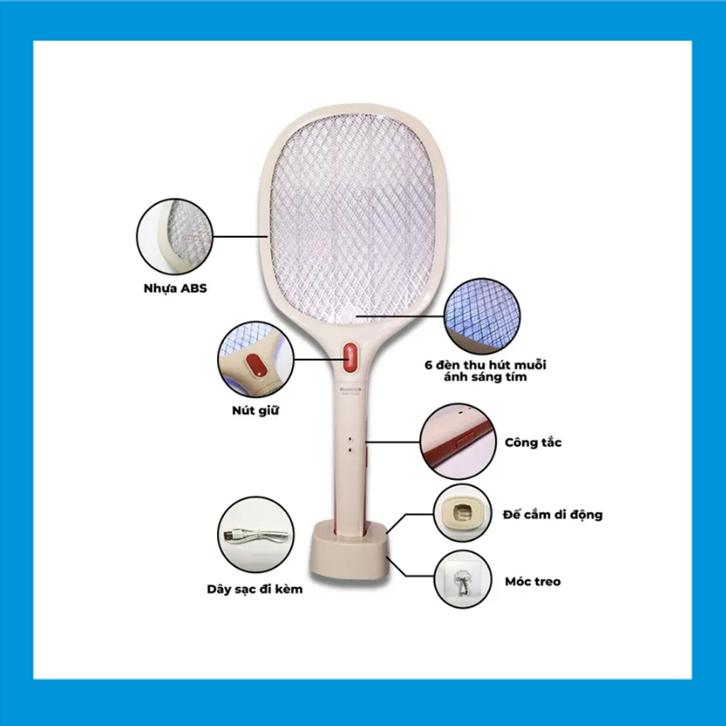 Vợt muỗi Nanoco thông minh 2 trong 1 NMR103BE, với khung lưới bảo vệ 3 lớp chắc chắn, có 6 đèn thu hút muỗi ánh sáng tím