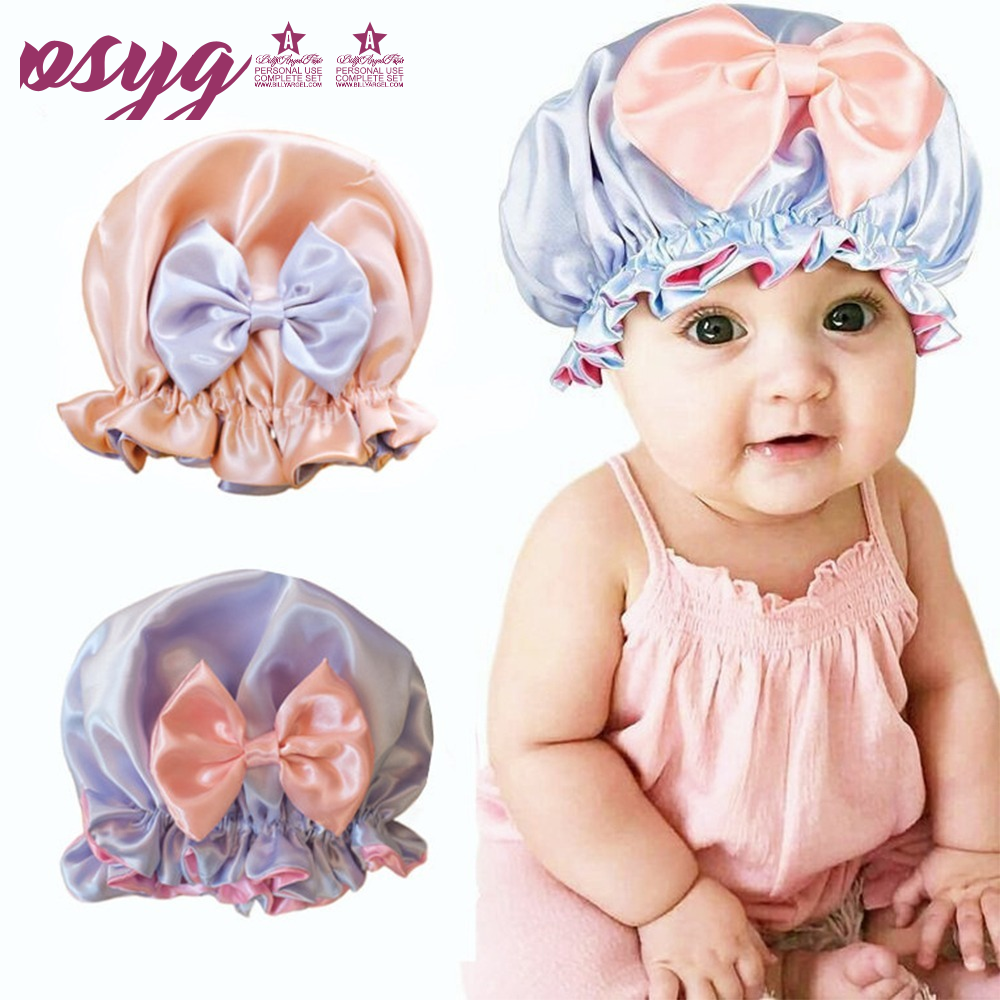 [psyg] Doppels chicht großer Bogen knoten Schlaf Nacht kappe Satin Haar schützen Hut Baby Mädchen Nacht Turban Kinder solide Kopf bedeckung Schlaf haube
