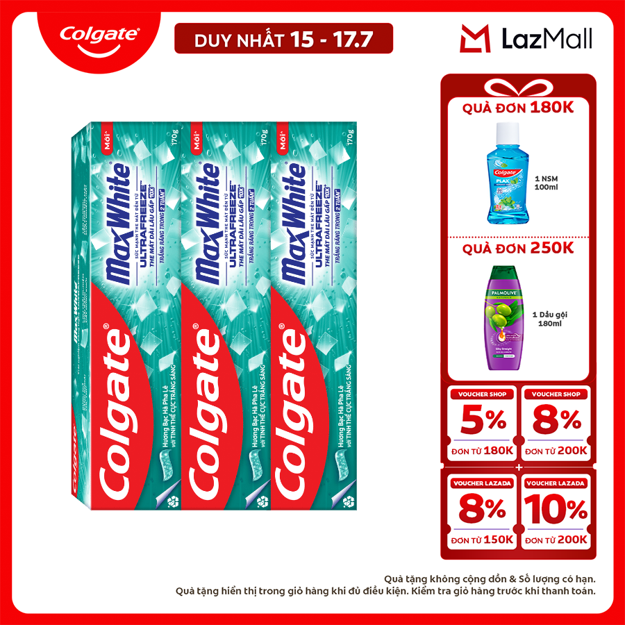[Chỉ 15-17.7_X2 Voucher giảm đến 18%] Bộ 3 Kem đánh răng Colgate MaxWhite tinh thể the mát, làm trắng răng trong 2 tuần