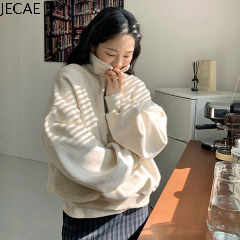 JECAE Cổ áo cao nửa Áo dài tay Khóa kéo Lỏng lẻo Áo nỉ cho phụ nữ Đơn giản Quần áo Áo hoodie mùa thu Phụ nữ