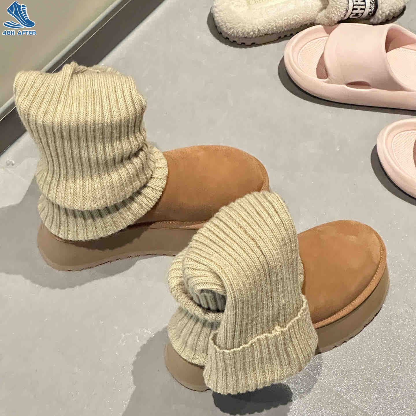 48H AFTER Chiều cao ống 9.5cm ugg cùng giày đi tuyết bốt cổ thấp dày lông cừu tích hợp Lông Đồ MặC Ngoài đế dày cho nữ