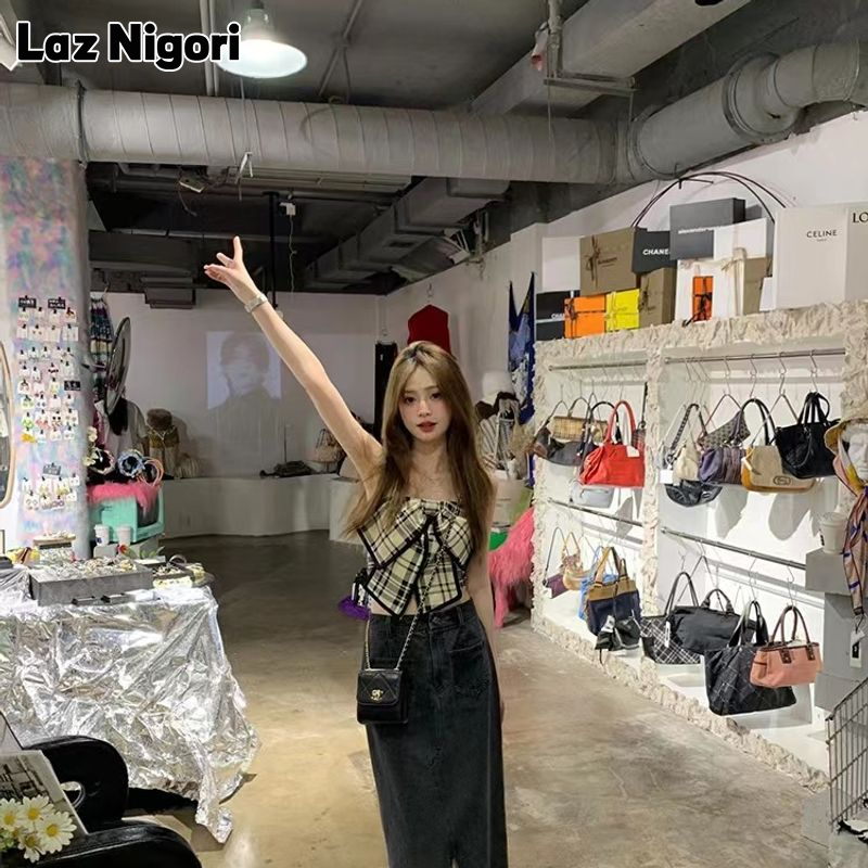 LAZ nigori thiết kế cổ điển kẻ sọc thiết kế nơ áo ống loại ngắn TANK-TOP