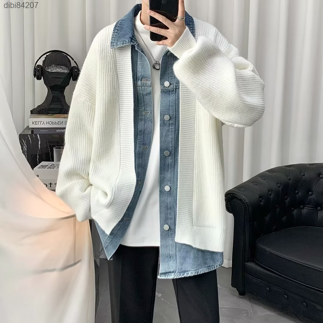 Versatile and warm American denim jacket, fake two-piece patchwork knit sweater, men's autumn and winter cardigan jacket trend dibi84207
