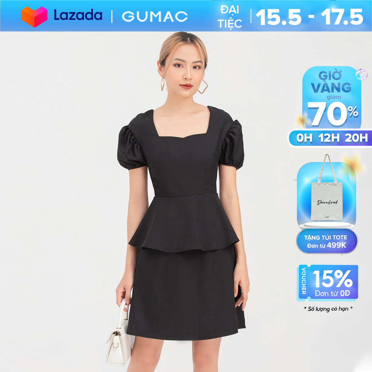[15 - 17.5 | TẶNG QUÀ đơn từ 499K] Đầm nữ  cổ vuông tay nhún DB720 mẫu mới GUMAC