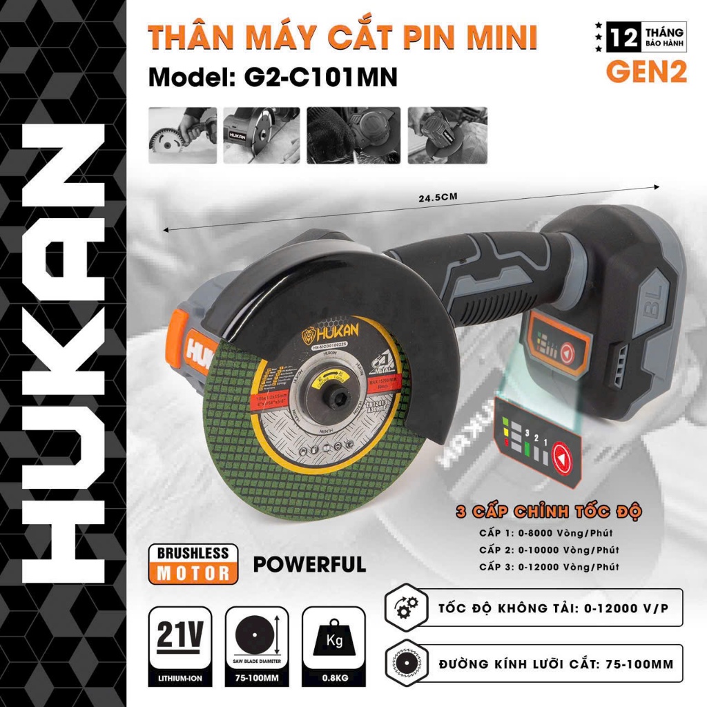 Thân Máy Cắt Pin Mini HUKAN G2-C101MN, Không Chổi Than, 3 Cấp Tốc, 12000 Vòng/Phút