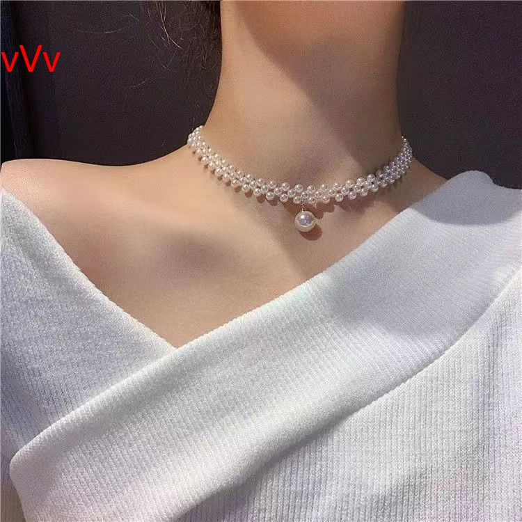 （Spot goods） Caromay New Style Collarbone Necklace Elegant Hepburn Style Collar Good-Looking Necklace Four Beads With Pendant 【Hot selling】