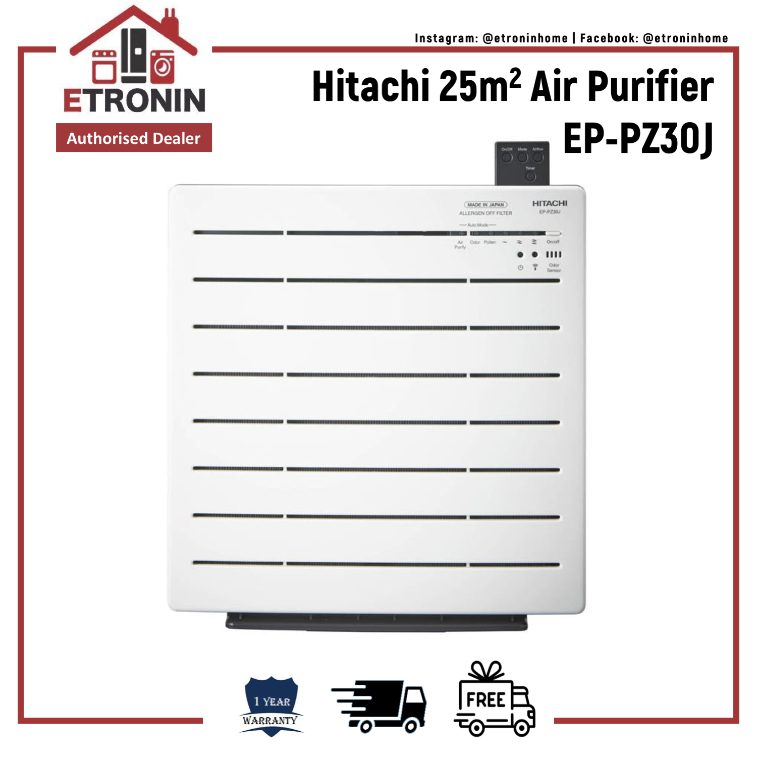 Hitachi 25m2 Air Purifier EPPZ30J Singapore