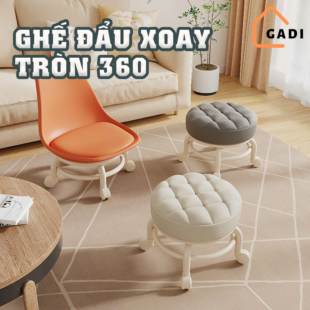 Ghế tròn xoay bệt có bánh xe đa năng xoay 360 độ, đệm ghế da PU êm ái bền bỉ chống nước bám bẩn màu sắc sang trọng