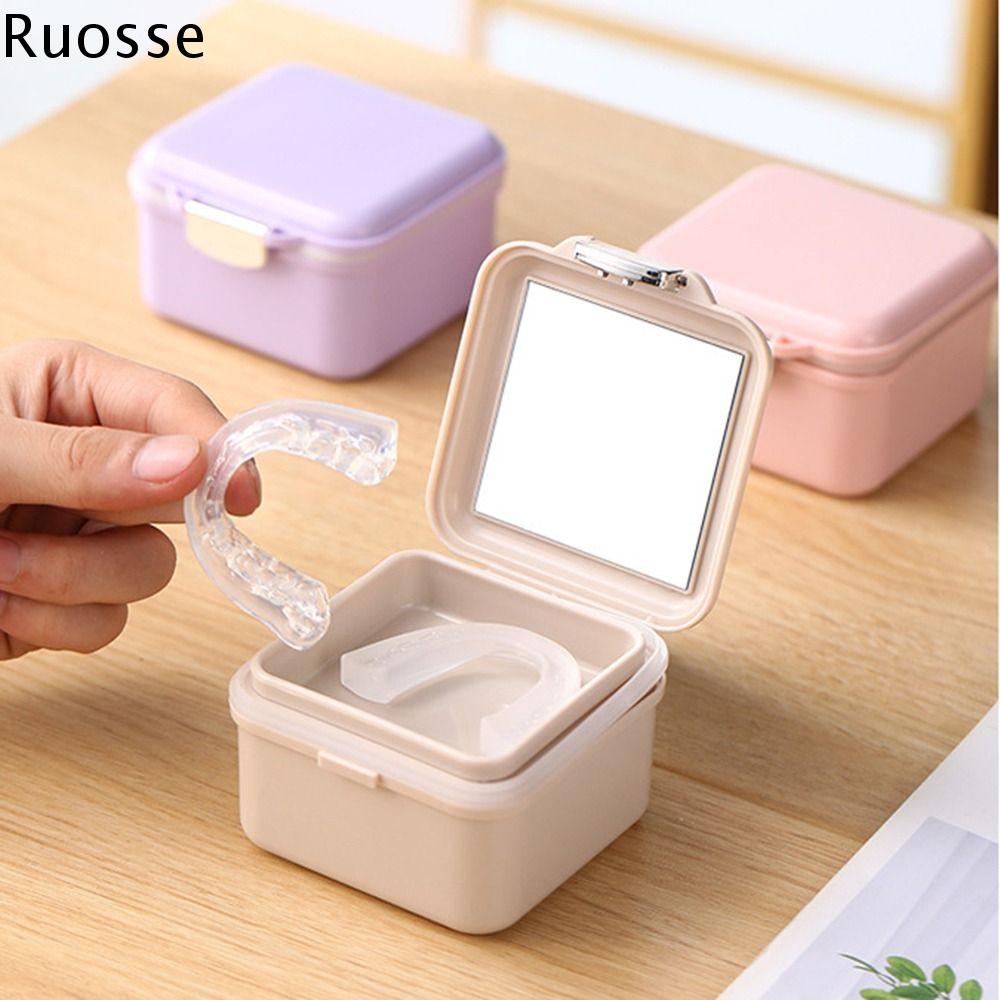 RUOSSE Chống bụi Hộp răng giả 2 trong 1 Đã niêm phong Lớp đôi Hộp bảo vệ miệng Di động với bàn chải vệ sinh Cốc ngâm niềng răng Vệ sinh răng miệng