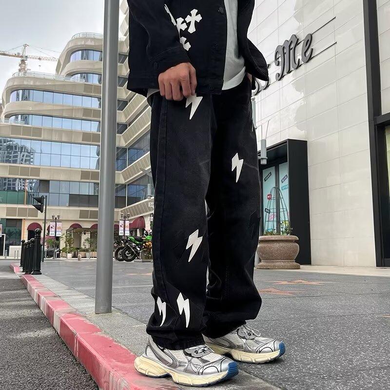 Lightning Print Men's Jeans Y2k Straight Washed Loose Casual Denim Trousers Streetwear Hip Hop Harajuku Couple Model Pants