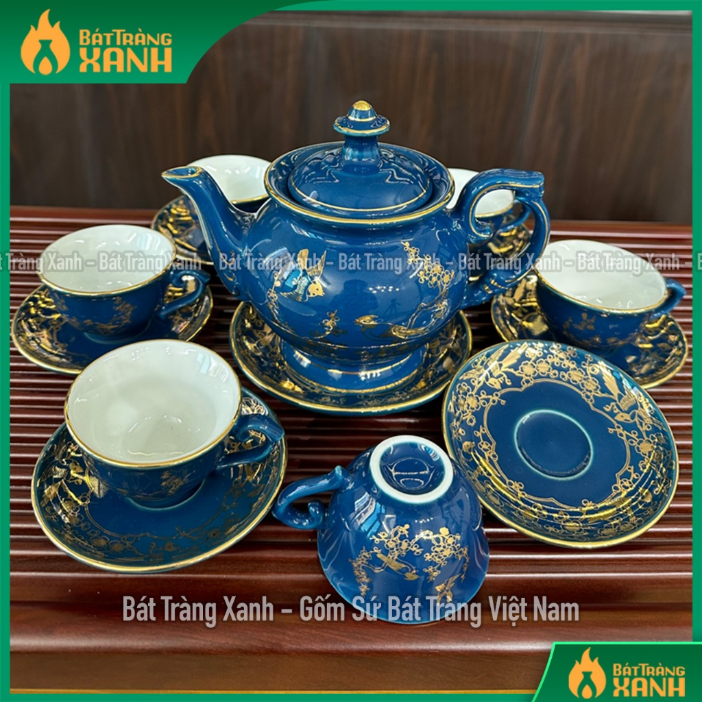 Bộ ấm trà Bát Tràng men xanh Hải Bích vẽ vàng 24k - Bộ bình trà Bát Tràng Cao Cấp chim én đậu cành hoa mai