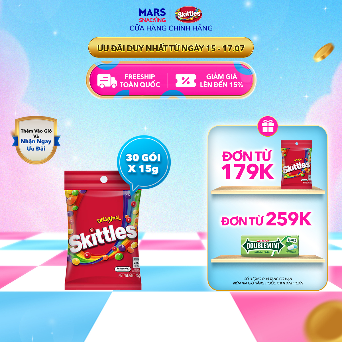 Combo 30 gói kẹo Skittles vị truyền thống 15g x 30 (1 hộp x 30 gói)