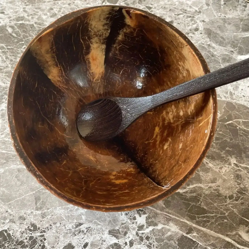 【Rear Waves】 Natural Wooden Coconut Bowl Set with Spoon Creative Fruit Salad Smoothie Ramen Bowl Healthy Diet Tableware
