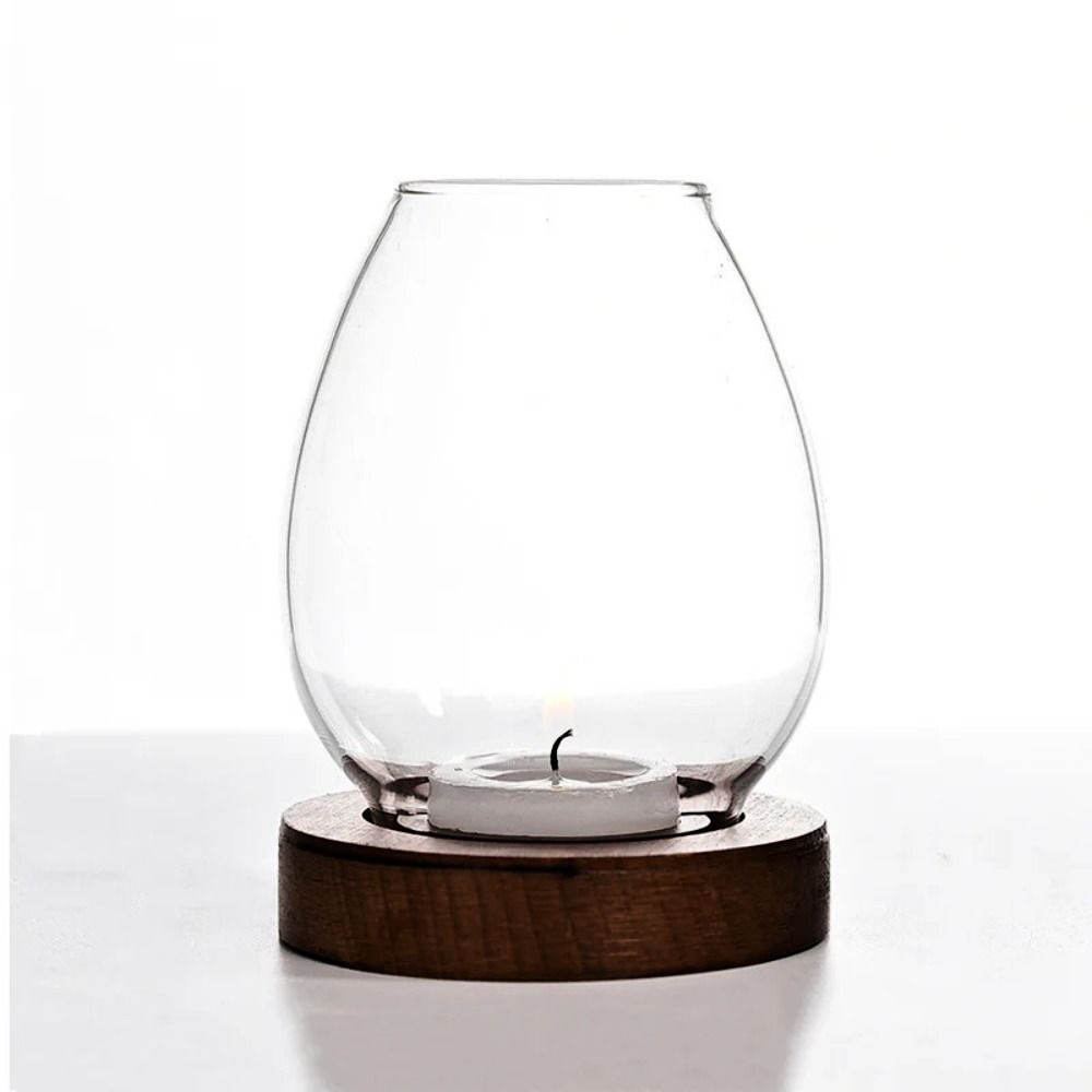 EMILRY Transparent Candlesticks with Cup Cover Round Glass Table Decoration Ornaments Windproof with Wood Base Candle Holders Home