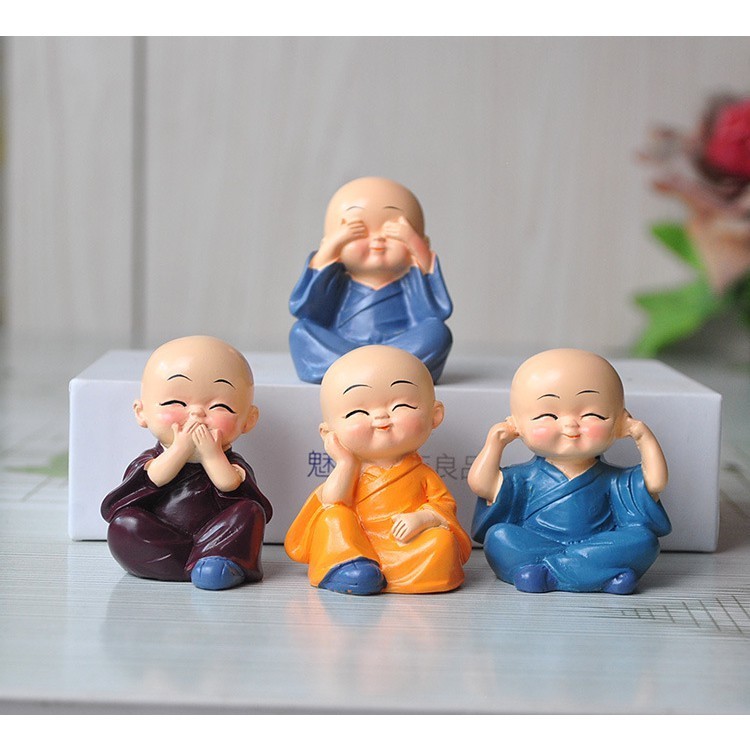  Bộ tượng 4 chú tiểu tứ không và Mèo Mini Trang Trí 3x4cm--Mang Lại Bình Yên May Mắn Để Bàn Làm Việ 