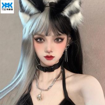TSE Tóc giả nữ dài thẳng tóc đen và trắng tóc mái tỉa dài, mỏng gradient đầy màu sắc Lolita âm dương che đầu cos Mls-118 Tóc Giả của phụ nữ