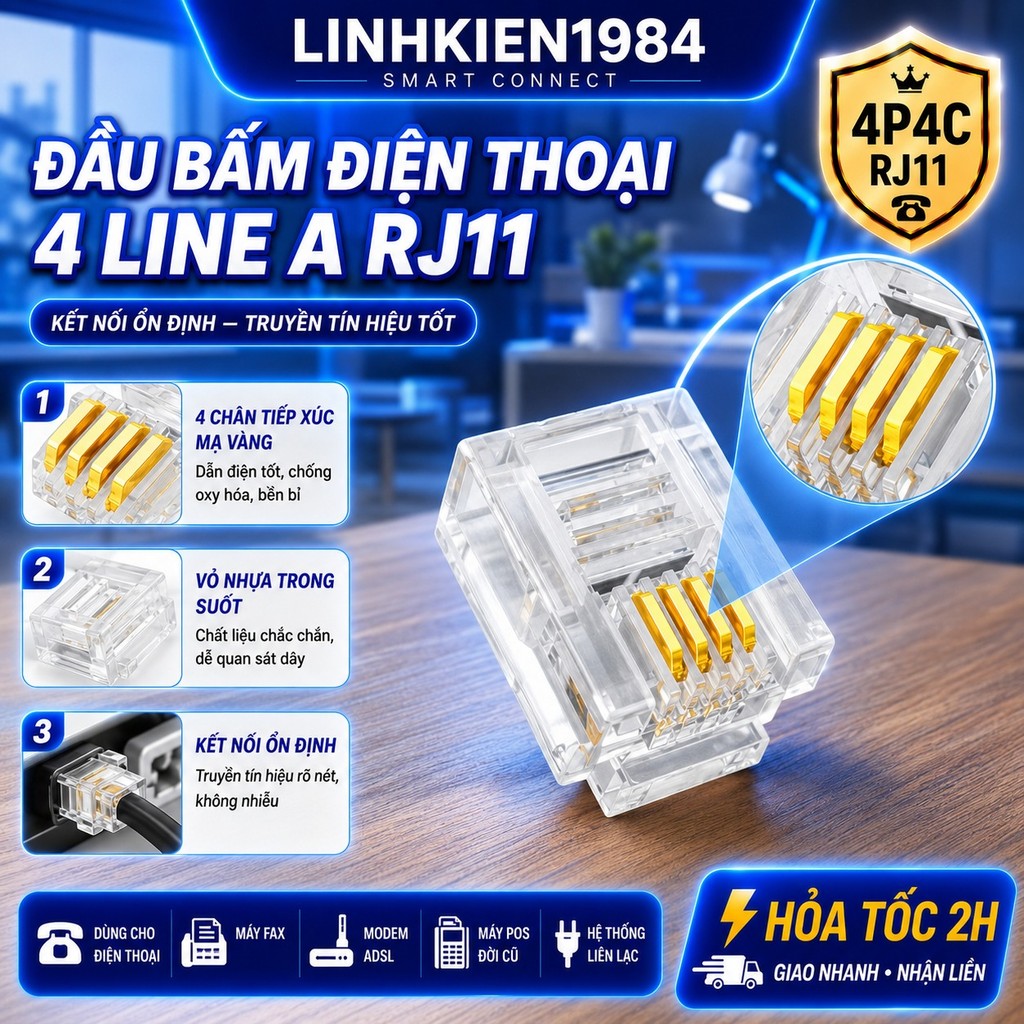 (SET 10) Đầu Bấm Điện Thoại RJ11 4P4C 4 Line A Chân Mạ Vàng Đầu Jack Điện Thoại Trong Suốt Dùng Cho Máy Fax Modem ADSL