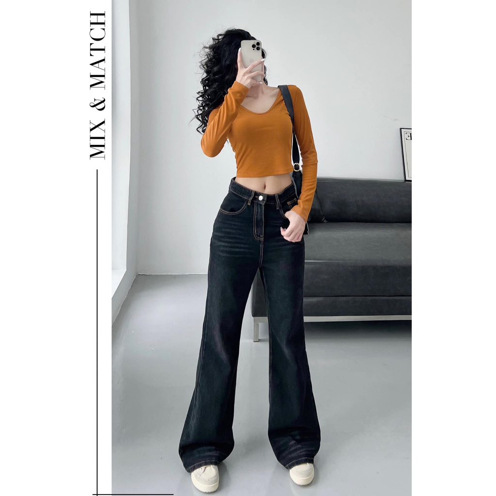 Quần jeans ống loe nữ QJ0078 Delys cạp cao chỉ trắng tôn dáng