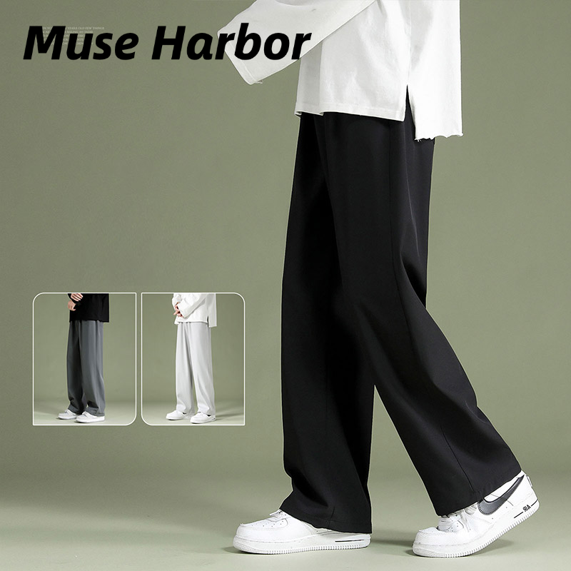 Muse Harbor กางเกงขายาวผ้าไอซ์ซิลั่นแบบบางสำหรับผู้ชายกางเกงลำลองทรงหลวมทรงตรงกางเกงขากว้างระบายอากาศสีล้วนใส่สบายแมทช์ลุคง่าย ราคา 92 บาท*ส่งฟรี