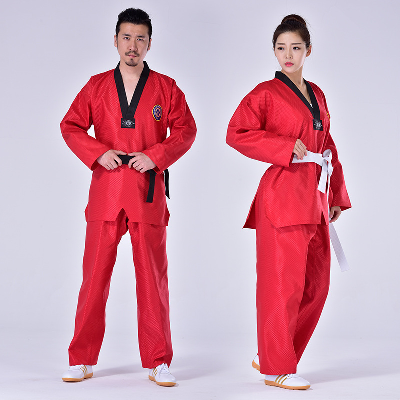 Màu Đỏ võ phục Taekwondo màu xanh tkd phù hợp với Karate judo đào tạo cạnh tranh quần áo đai đen quầ