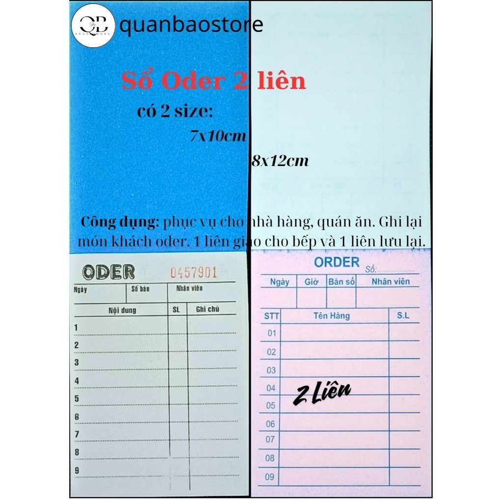 Sổ oder 1 liên có đóng số nhảy, dùng trong nhà hàng quán ăn cà phê.