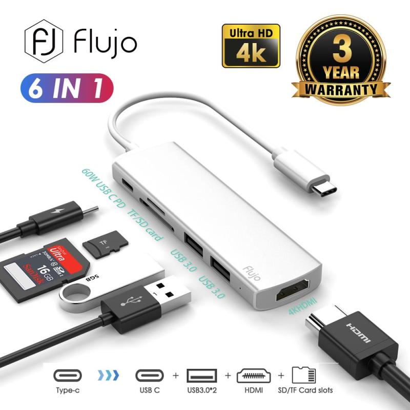 Flujo CH-54 USB C Hub, 6 in 1 Type C Hub Adapter - 60W Power Delivery, USB C to HDMI 4K, Card Reader and 2 USB 3.0 Ports, for MacBook pro; Google Chromebook; Samsung Galaxy S8/S9 and Other USB C Device