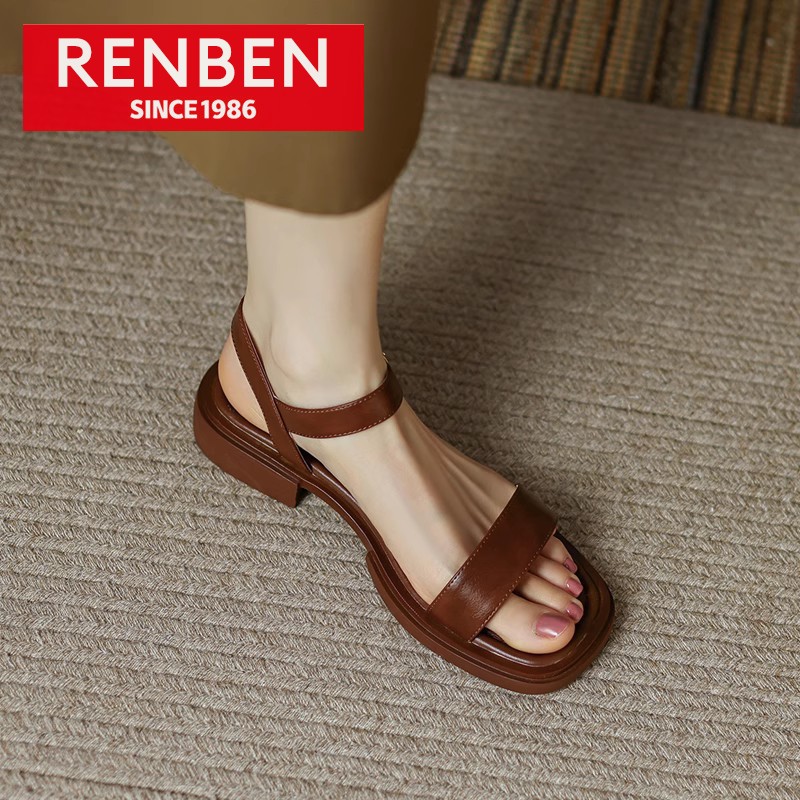 Renben women's casual soft leather thick heel Slipper with a strap open toe non-slip flat high heels ladies shoes