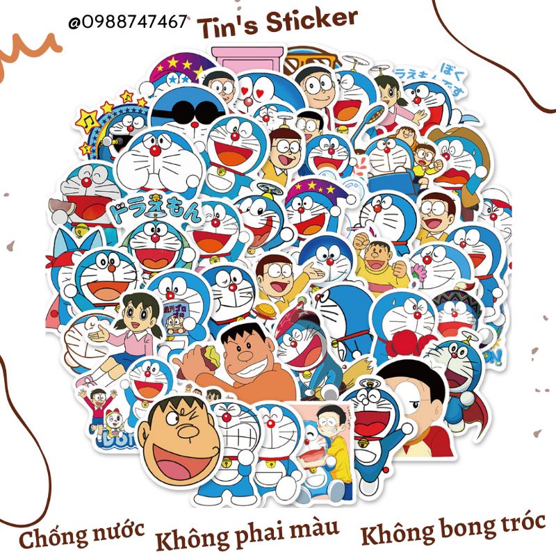 Set combo 50 sticker Doraemon Đô rê mon doremon chống thấm nước dán trang trí nón bảo hiểm laptop vali xe máy