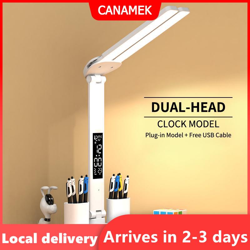 【Giao hàng nhanh】 Led bàn đèn kép đầu bảng ánh sáng với đồng hồ kỹ thuật số bảo vệ mắt có thể gập lại cánh tay cho nghiên cứu cạnh giường ngủ đêm đọc sách