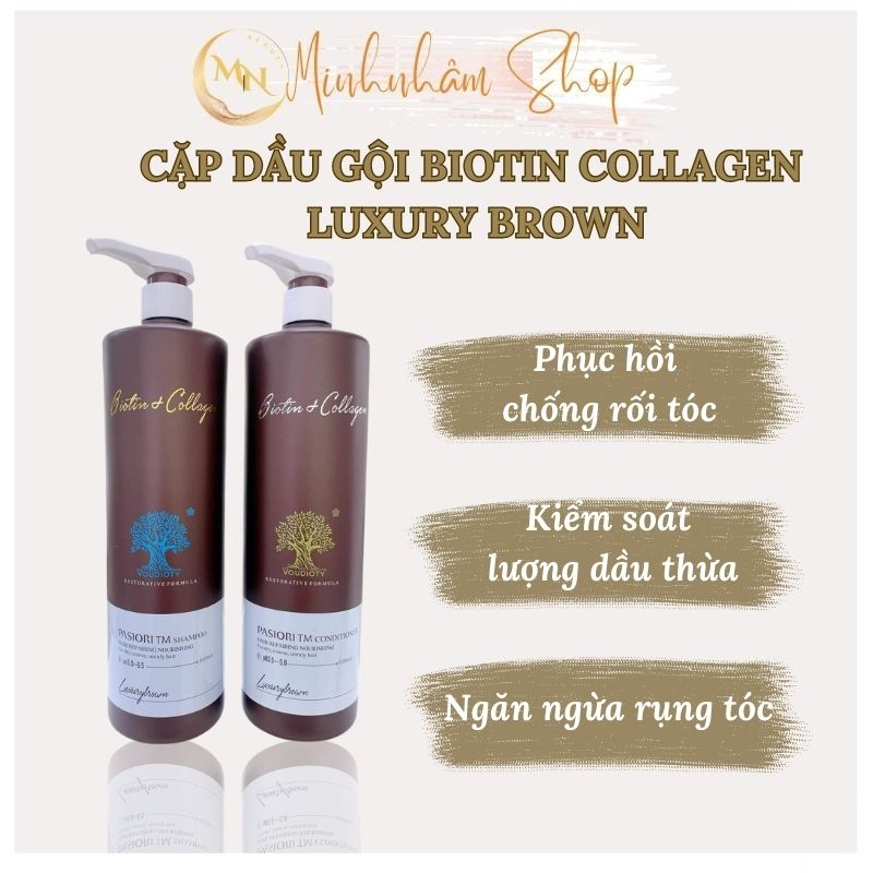 Cặp dầu gội Biotin Collagen,dầu gội Biotin Collagen Luxury Brown nâu phục hồi,siêu mượt 1000ml