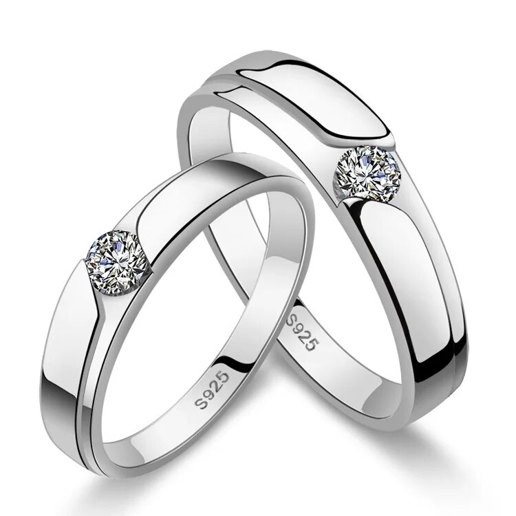 Yangfx Silver Color Temperament Men's And Women's Rings Korean Edition Set With Single Diamond Open Pair Jewelry